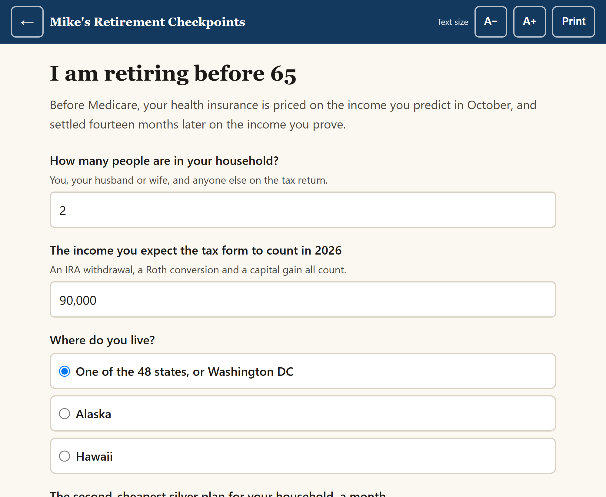 The bridge-years tool showing no credit at all for a household $5,400 above the 400 percent line.