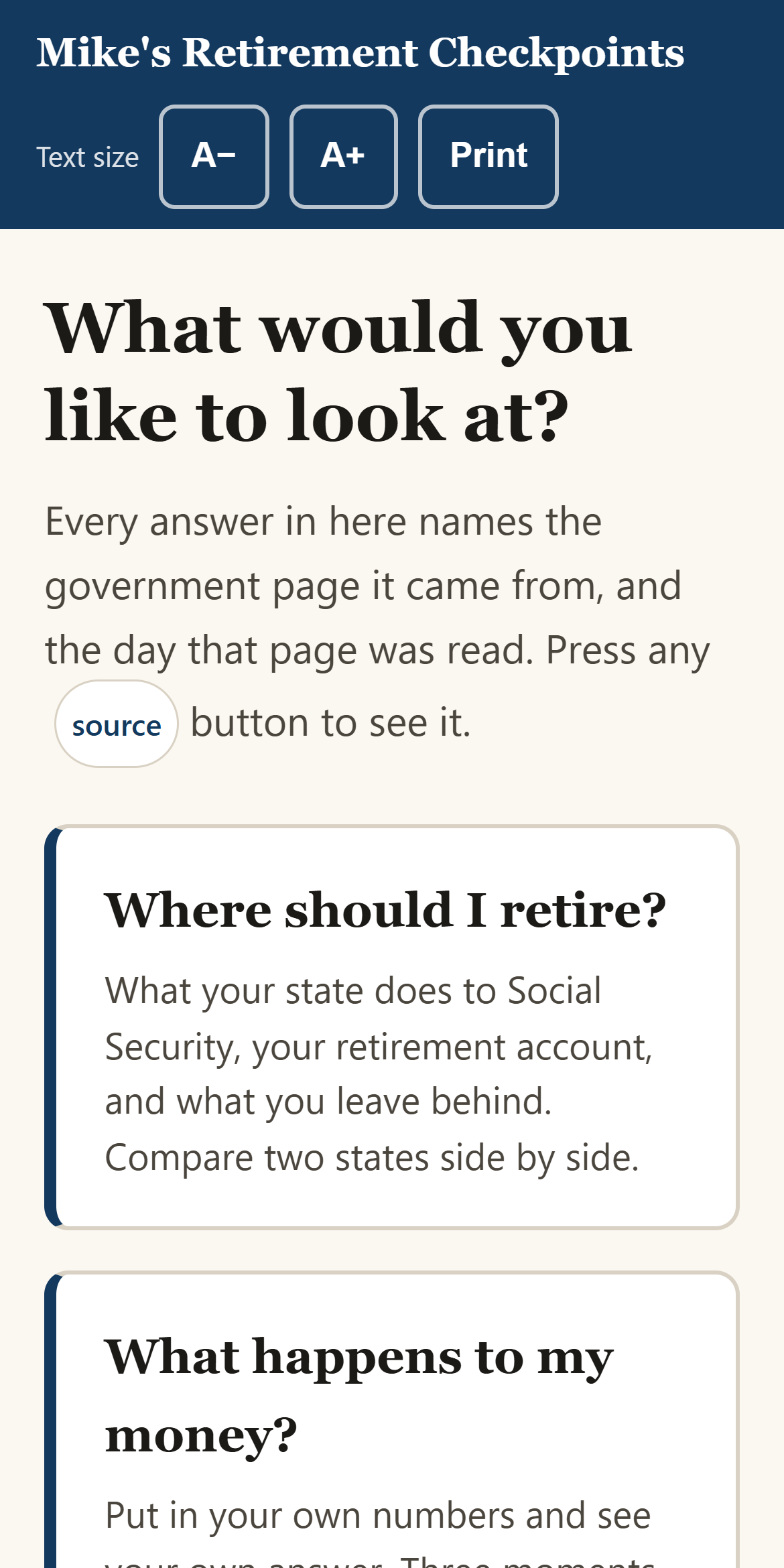 The app on a phone, showing the two halves as large buttons.