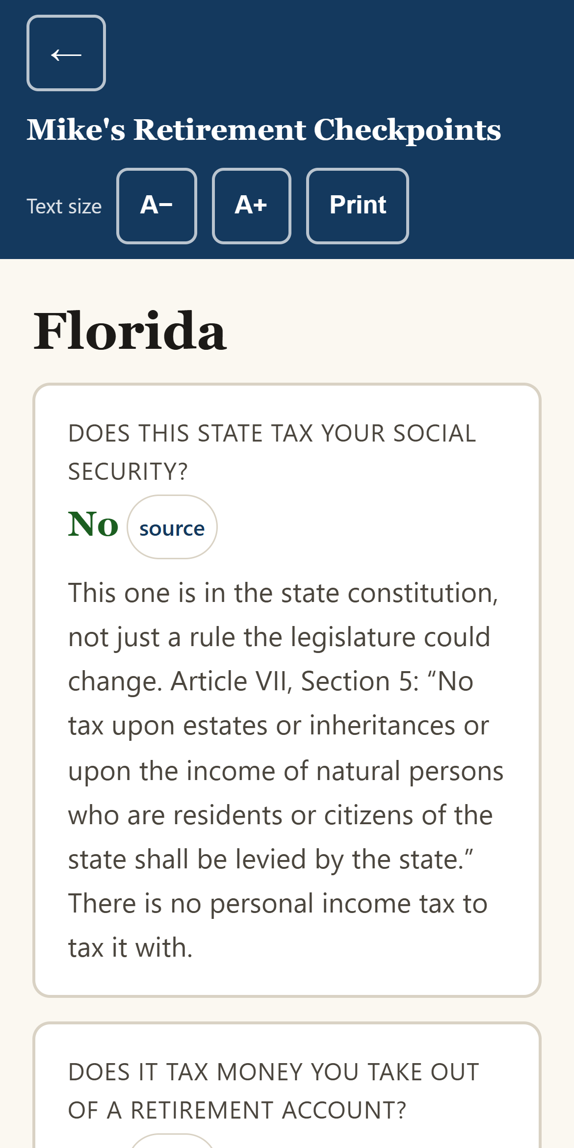 A state page on a phone, with large type and a source button.