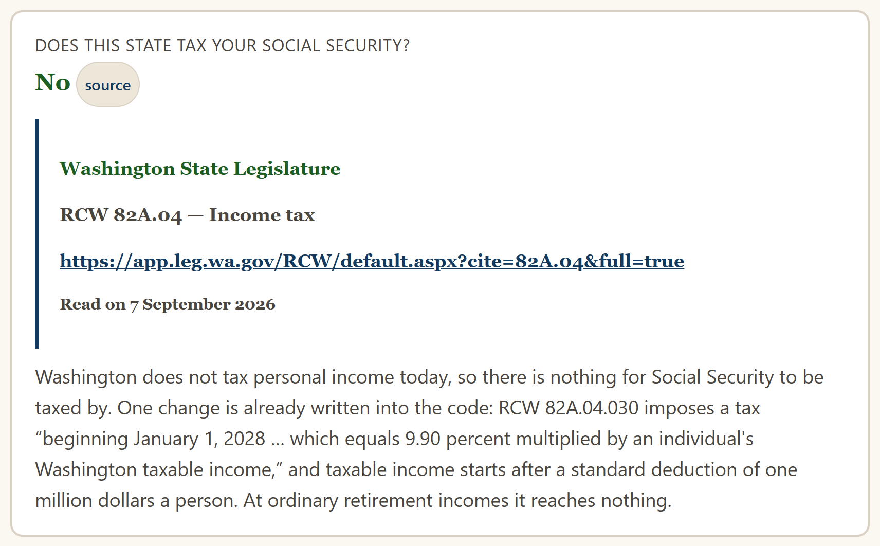 A question reading "Does this state tax your Social Security?" answered "No", with an open panel naming the Washington State Legislature, RCW 82A.04, the web address, and "Read on 7 September 2026".