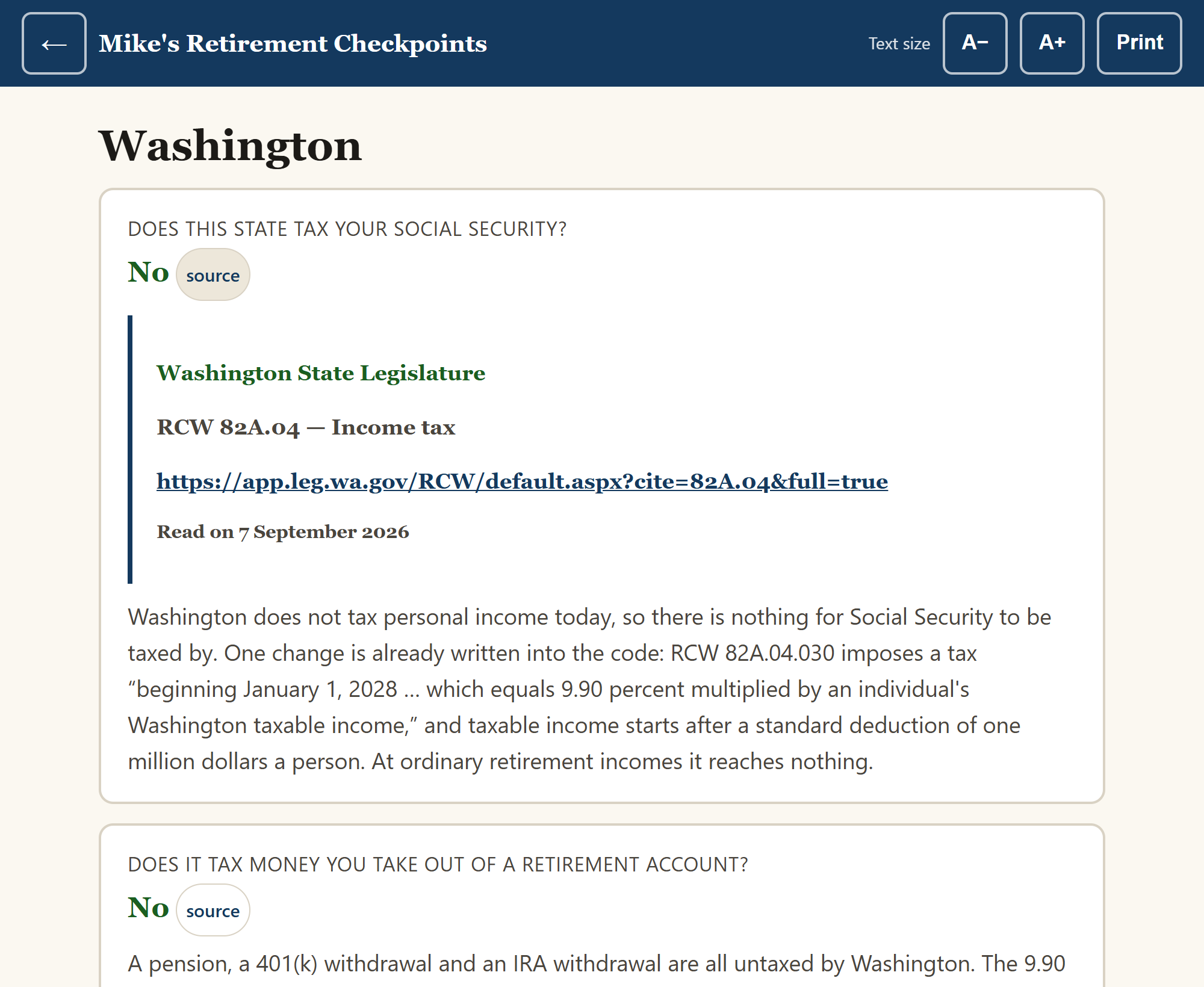 The Washington state page, showing three of the four questions answered with source buttons beside each.
