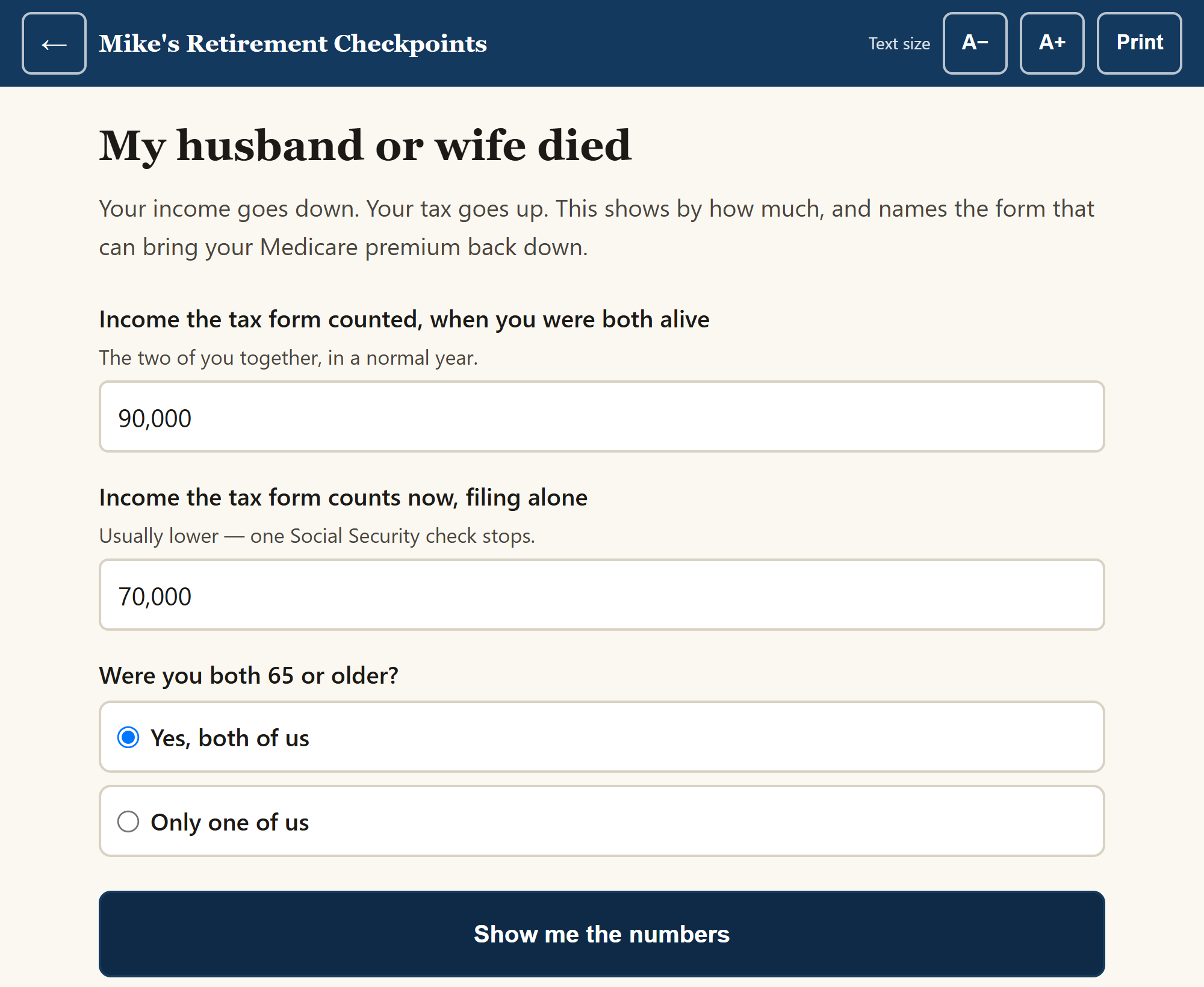 The survivor tool showing the federal income tax filing alone against filing together, with source buttons on every figure.